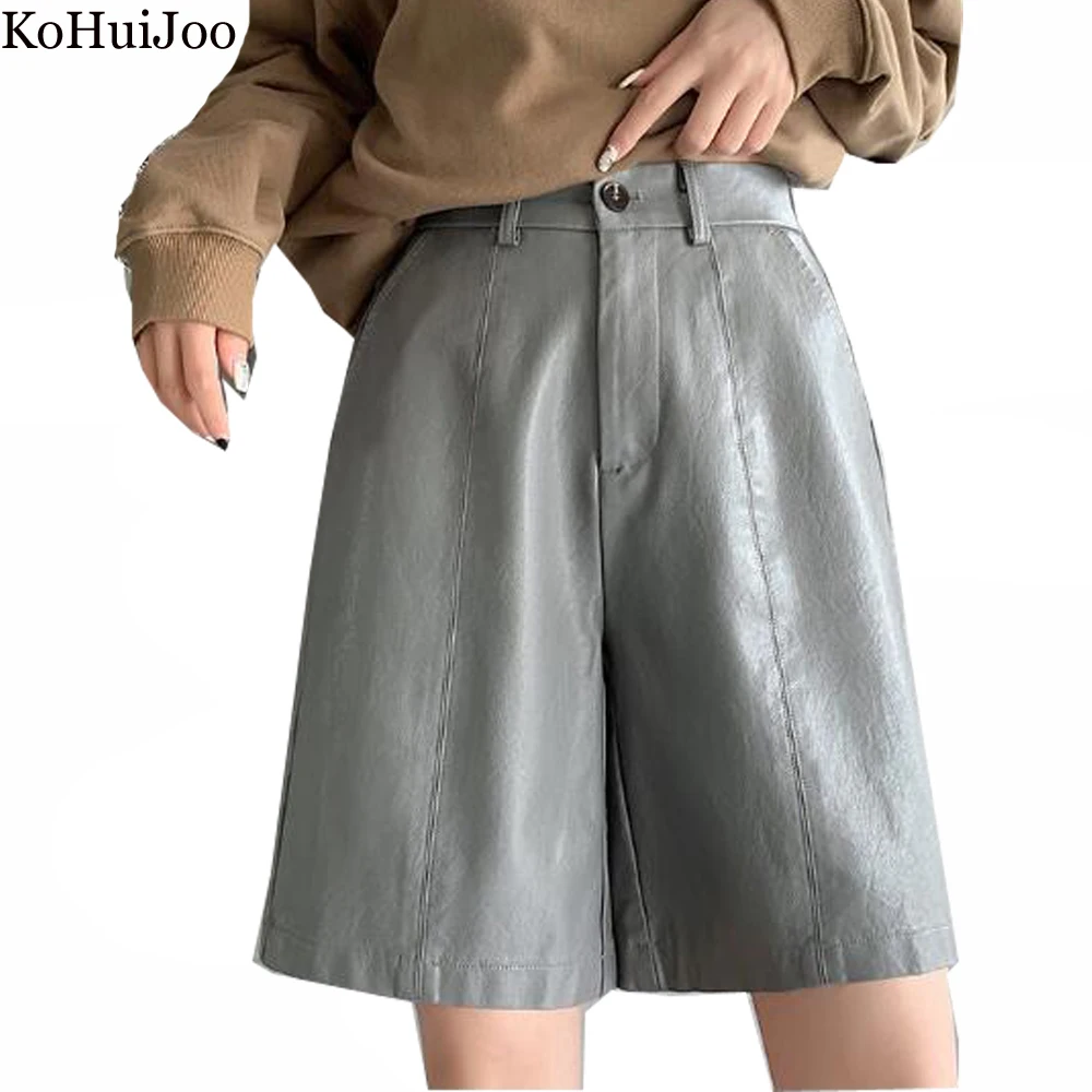 

KoHuiJoo Leather Shorts Women Ziper High Waist Autumn Winter PU Leather Washing Vintage Loose Knee Length Straight Middle Pants