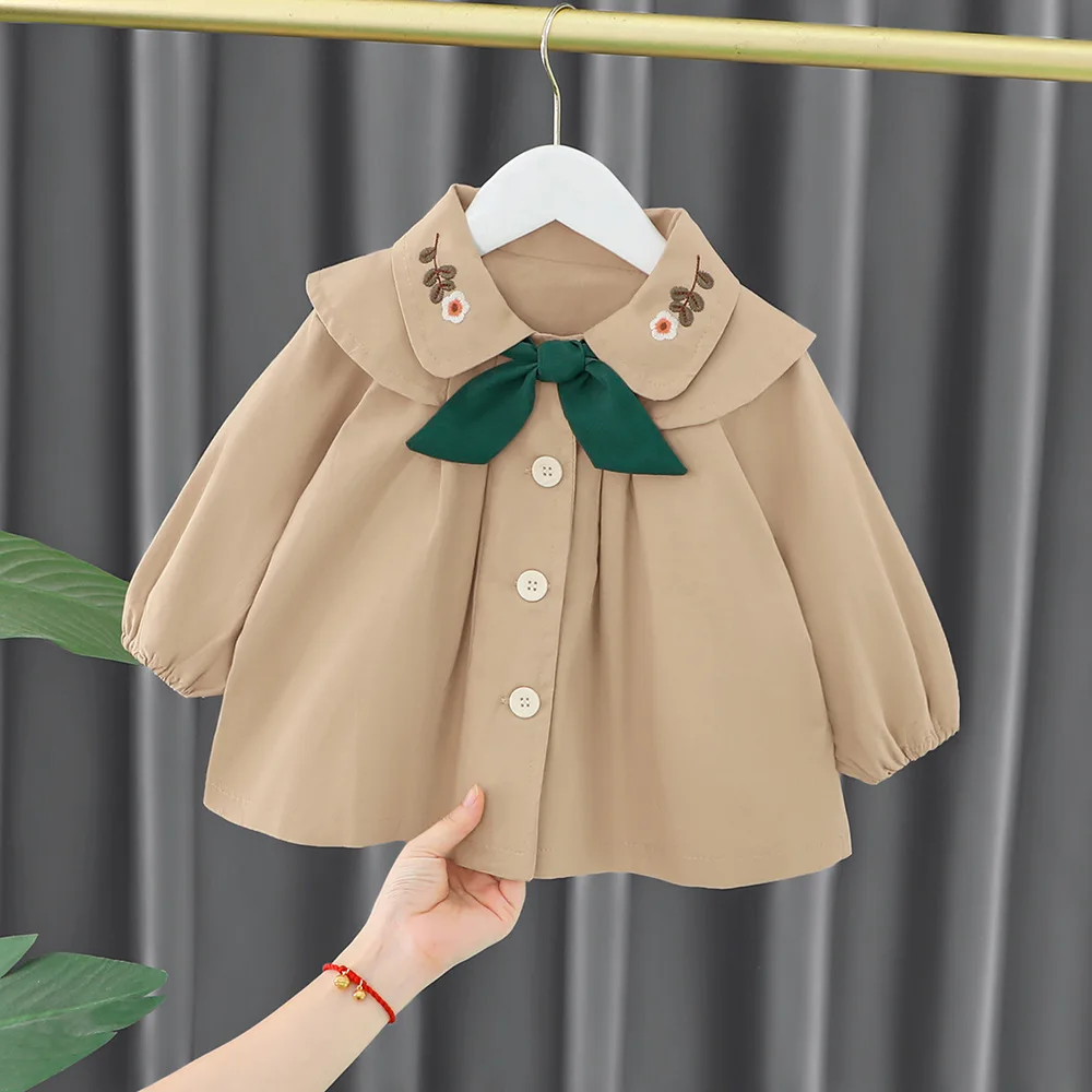 

2022 Autumn Girls Trench Coat Lapel Collar Cute Bow Floral Children's Jacket Kids Windbreaker Cardigans Baby Outerwear Casaco