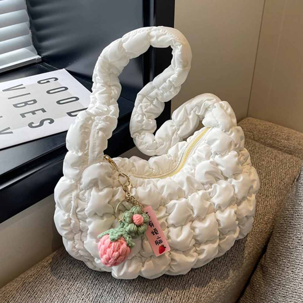 

Women Plaid Quilted Pendant Crossbody Bag Ruched Solid Shoulder Bag Korean Bubble Embroidered Cotton Satchel Bags Underarm Bag
