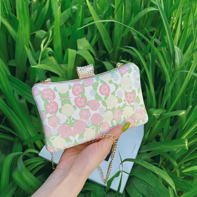 

Flowers Print Women Clutches Pearl Beads Diamonds Decor Evening Bags Luxury Handbags Chain Shoulder Box Purses For Dinner Party