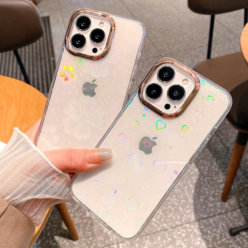 

Luxury Love Heart Flower Phone Case For iPhone 11 12 13 Pro Max XS X XR 7 8 Plus SE 2020 Laser Transparent Bumper Back Cover