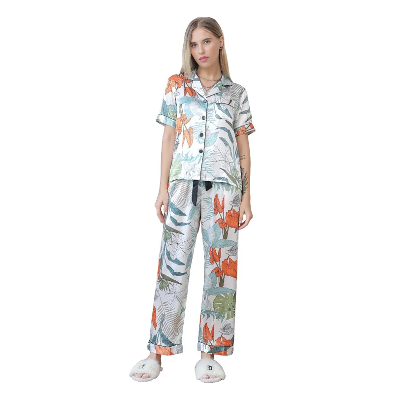 Women's Sleep Pajamas Sets Artificial Silk Suit Spring Short-Sleeved Trousers Loose High-End Homewear for Women Loungewear