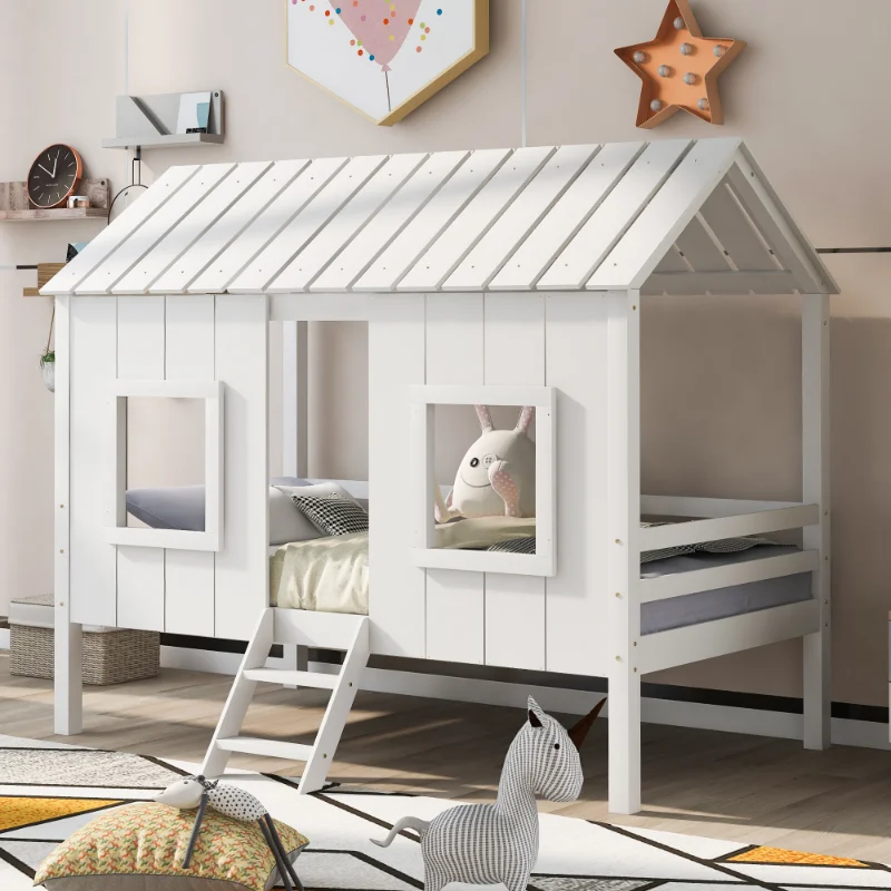 

Twin Size Low Loft House Bed with Roof and Two Front Windows\ White(OLD SKU:SM000703AAK) White Pine [US Stock]