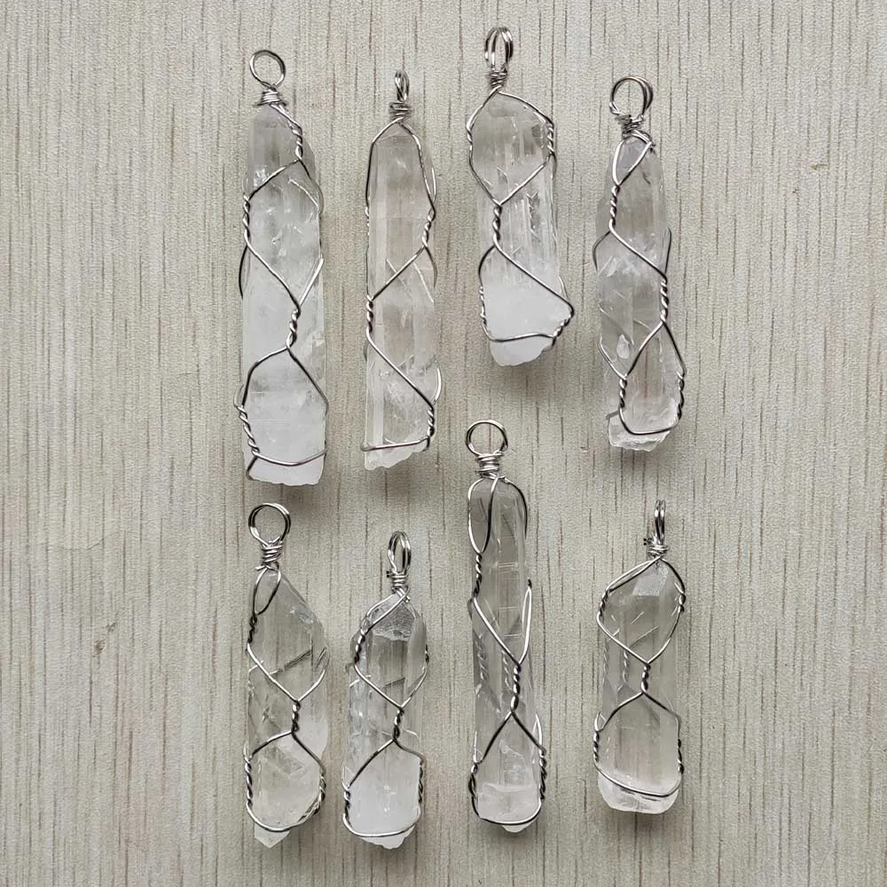 

New Natural white crystal handmade wire wrapped Irregular pillar pendants for jewelry marking diy necklace Wholesale 8pcs/lot