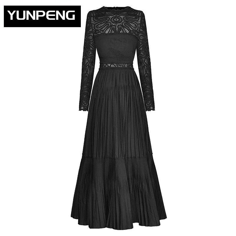 Dresses For Women 2023 Runway Luxury Brand Elegant High Quality Spring O-Neck Long Sleeve Hollow Out Black lace Pleated Dress