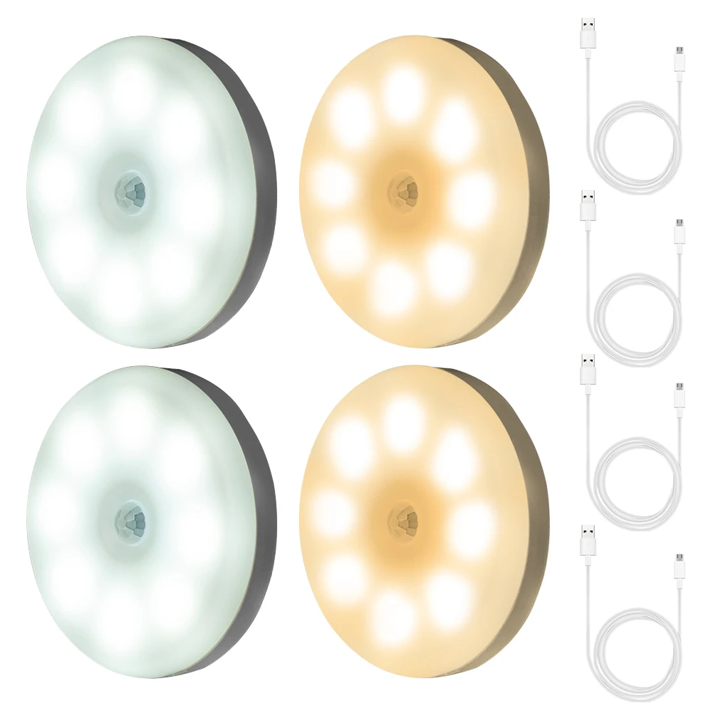 

4pcs Easy Install Cabinet USB Rechargeable Kitchen Indoor Smart Stairs Auto On Off LED Night Light Bedroom Motion Sensor Hallway