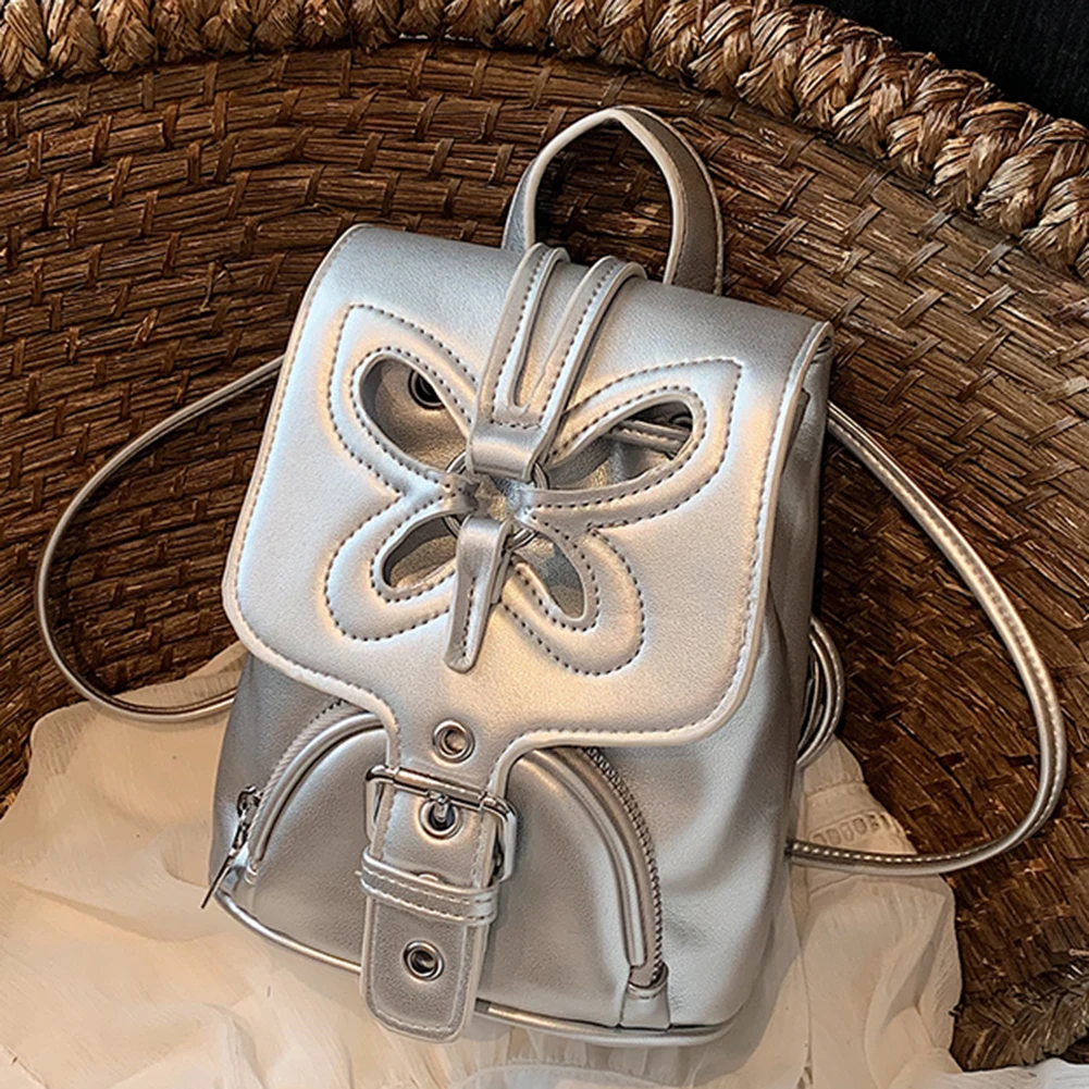 

Women Casual School Bag PU Leather Butterfly Travel Backpack Drawstring Vintage Simple Portable Solid Fashion Schoolbag
