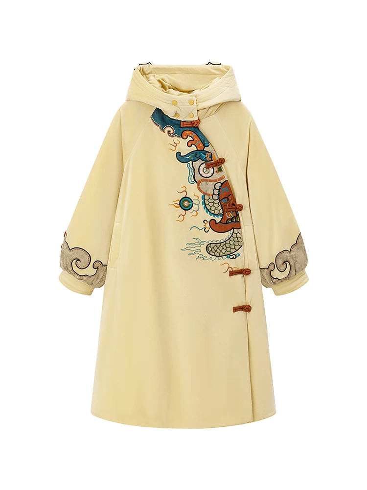 Winter Loose Velvet Hooded Coat 2022 New Chinese Style Embroidery Cotton-Padded Coat for Women