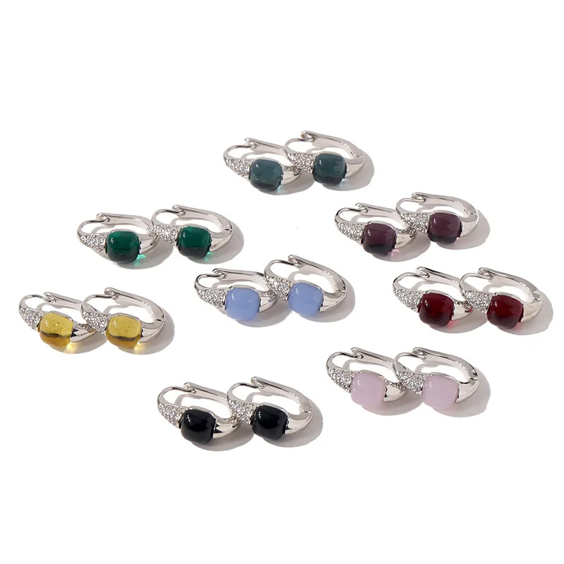 Pomellato Earrings Inlay Zircon Candy Style Earrings  8Colors Red Black Green Crystal Hoop Earrings For Women Fashion Jewelry