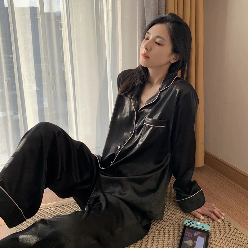 

Women Sleepwear Set Spring Pajamas Set for Women Fake Silk Black Pijama Set Girl Nightgown Loose Waist Long Pant Silk Pajamas