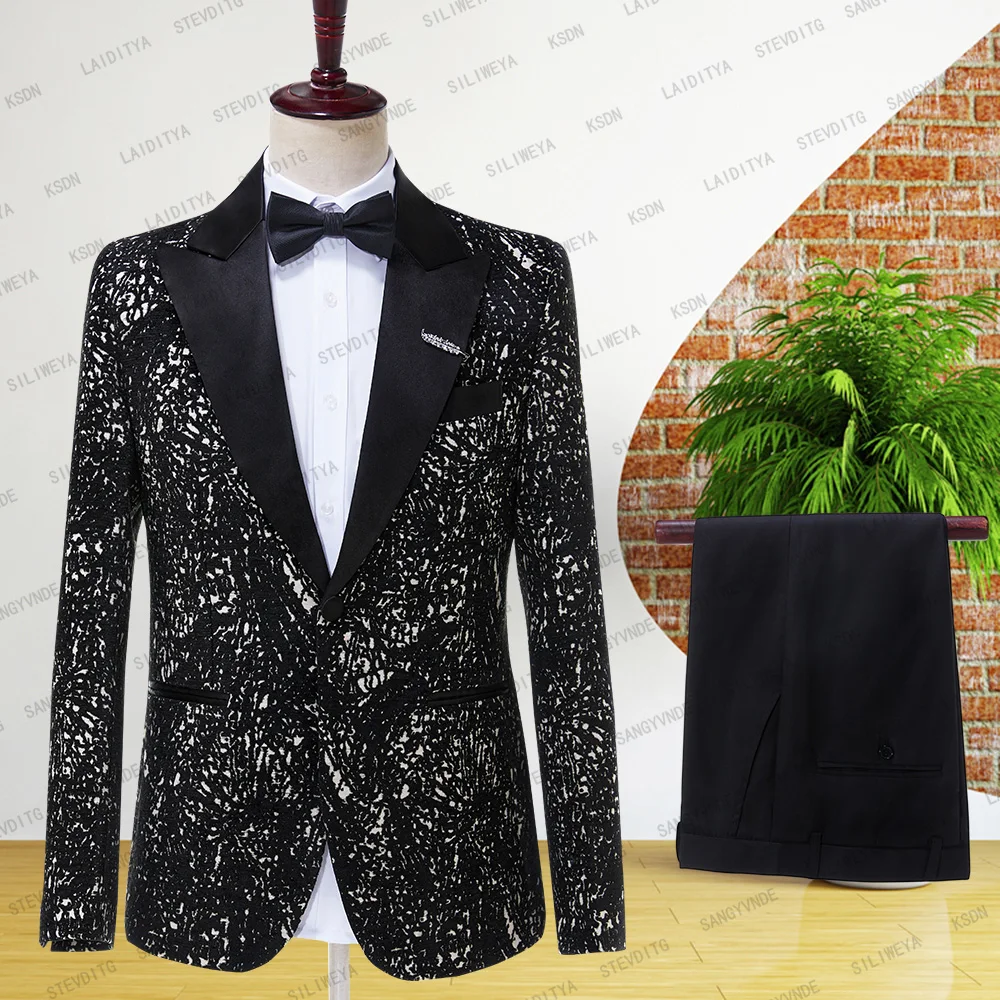 SILIWEYA2023 New Black Floral Wedding Tuxedo for Groom 2 Pieces (Jacket+Pants) Slim Fit Men Suits Custom Male Fashion Costume