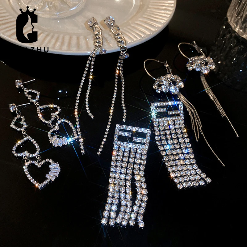 

Luxury Bling Rhinestone Tassel Long Drop Earrings for Women Fashion European and American Exaggerated Dangle Statement Gift