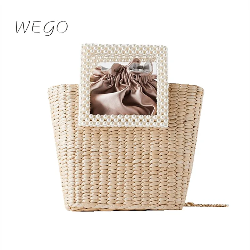 

Плетеная Сумка с жемчугом и бусинами Hbag, соломенная сумка на плечо, женская летняя пляжная сумка, роскошные сумки, кошельки