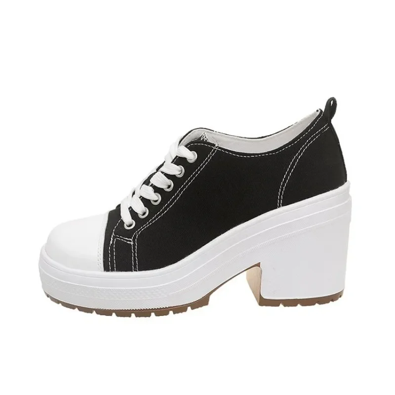 Женские парусиновые туфли в стиле ретро черные на высоком толстом каблуке с