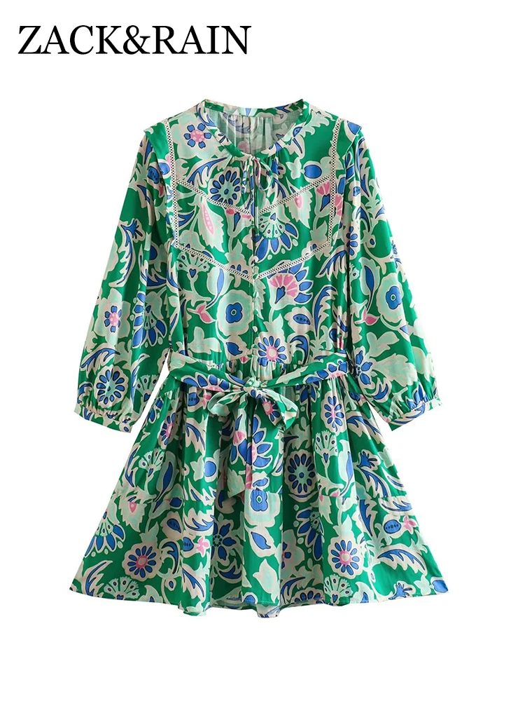 

ZACK RAIN Новинка 2023, летние женские Элегантные мини-платья с принтом, свободные женские платья с длинными рукавами-фонариками и круглым вырезом, платье с поясом