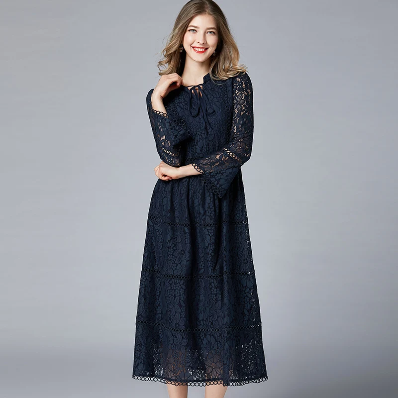 Женское кружевное платье в стиле ретро облегающее синее большого размера с
