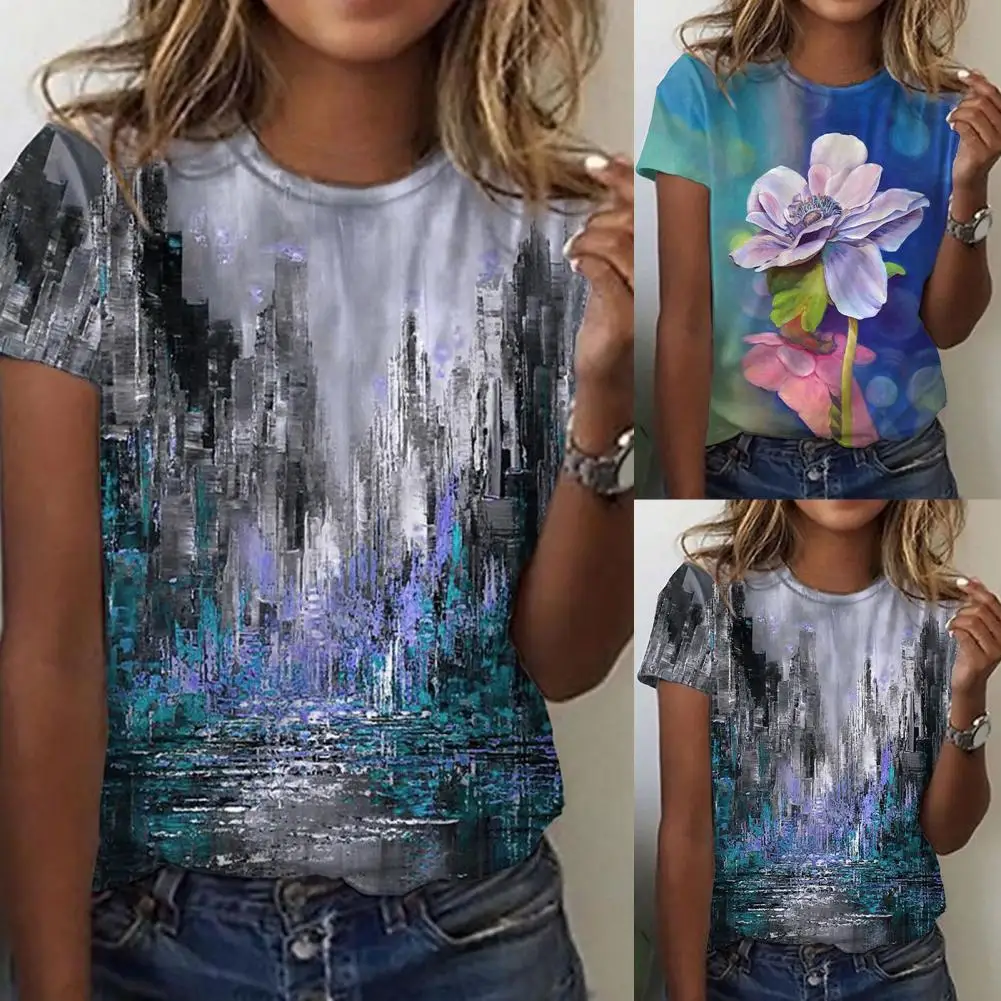 

Round Neck Short Sleeve Women T-shirt Shink Resistant 3D Print Summer Pullover Top Streetwear