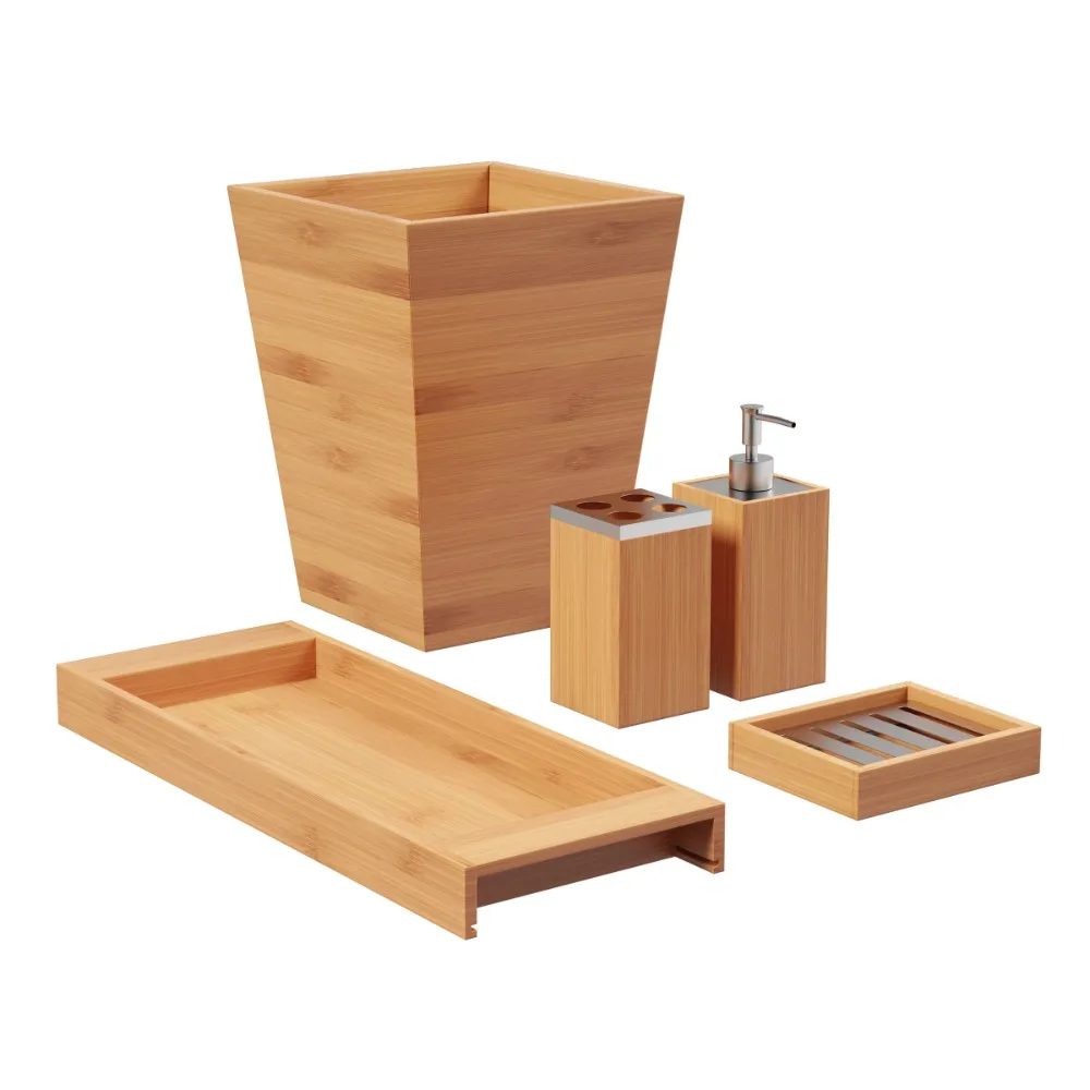 

Bamboo Bath Accessories 5-Piece Set Natural Wood Tray Lotion Dispenser Soap Dish Toothbrush Holder Wastebasket