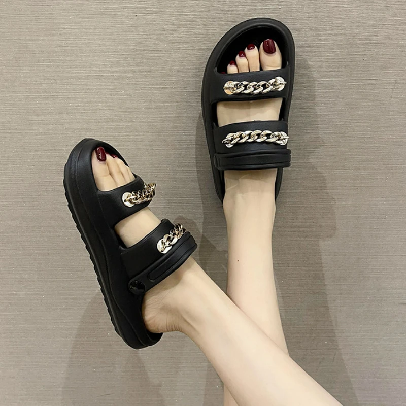 Women's Fashion Outdoor Slides Chains Decor 2023 Summer New Sandals EVA Soft Thick Bottom Non-slip Slippers Leisure Beach Shoes