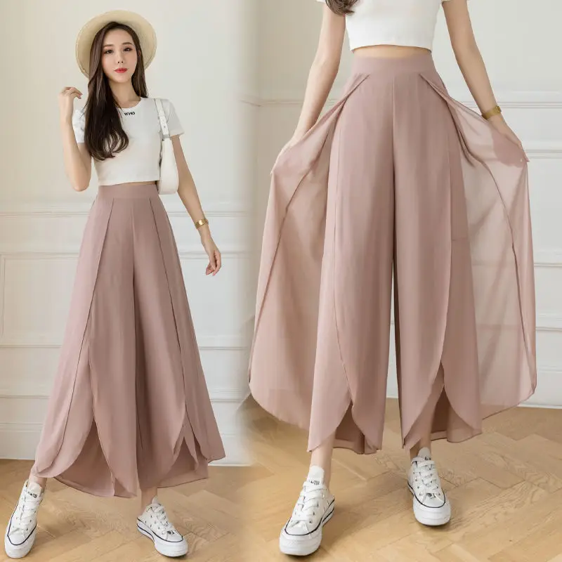 Woman Loose Pleated Chiffon Pants Female New Summer Elastic High Waist Thin Wide Leg Pants Ladies Casual Cropped Trousers G144