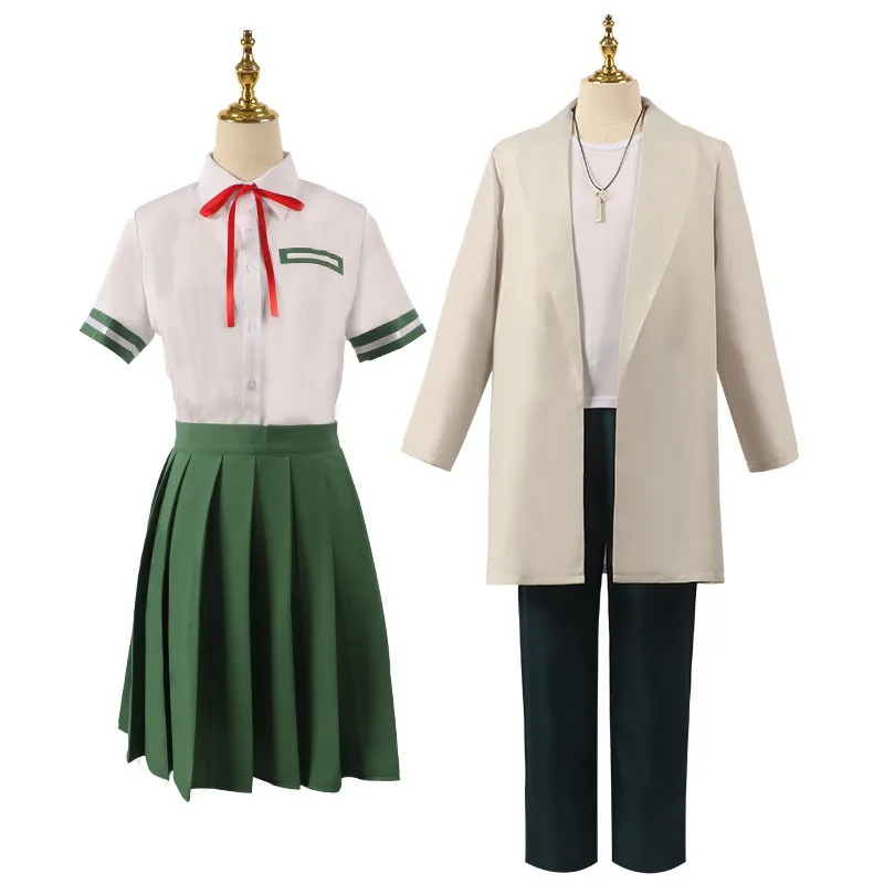 

Anime Suzume No Tojimari Cos Pria Wanita Seragam Akademi JK untuk Anak Perempuan Blus Rok Berlipat Hijau Kostum Dasi Halloween