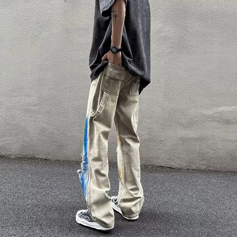 DEEPTOWN Ripped Graffiti Jeans Men Hole Straight Denim Pants Loose Streetwear Trousers Male Casual Fashion Punk Hip Hop Spring