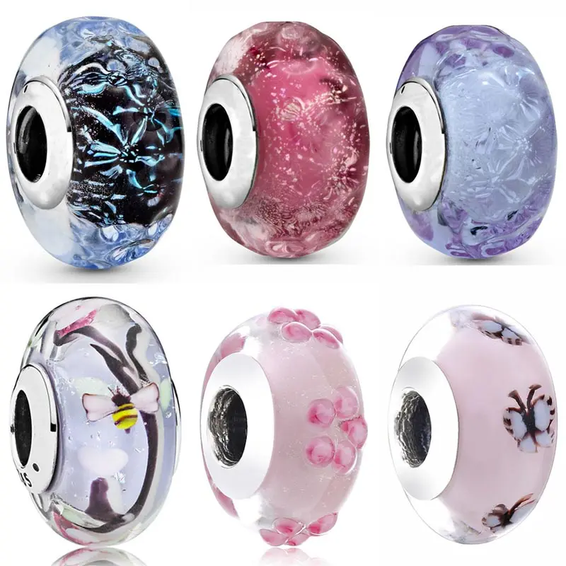 

Pink Butterfly Lavender Fancy Enchanted Garden Murano Glass Beads Fit Europe Bracelet 925 Sterling Silver Charm