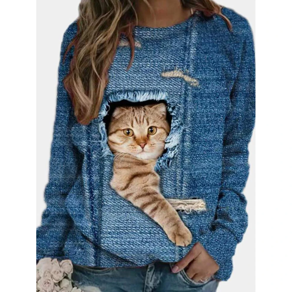 

Повседневная футболка с длинным рукавом и круглым вырезом, с мультяшным голубым котом, свободные Модные топы, новинка 2022, женская одежда на ...