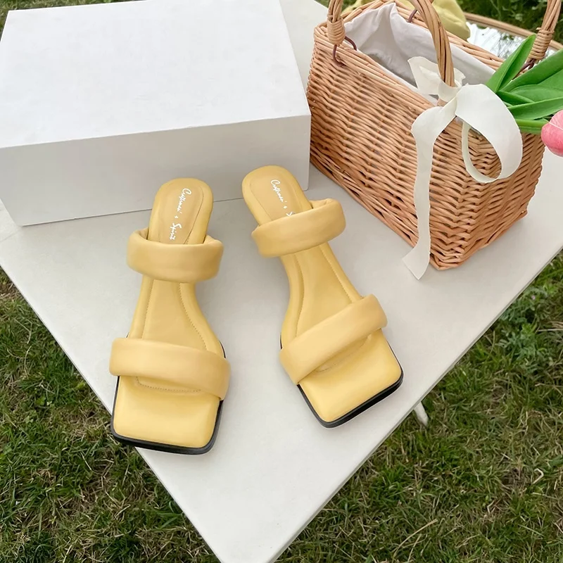 

Slippers Square Summer Peep Sandals Open Toe Basic Style Simple Sandles Daily Med Heel Sheepskin Pumps For Women