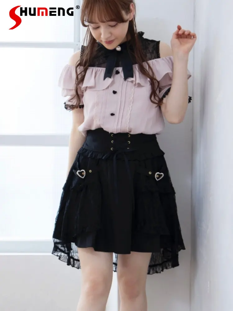 Lolita Girl Cute Multi-Layer Lace Ruffled Skirt for Women 2023 Summer New Japanese Style Sweet Slimming Black Short Skirt Ladies