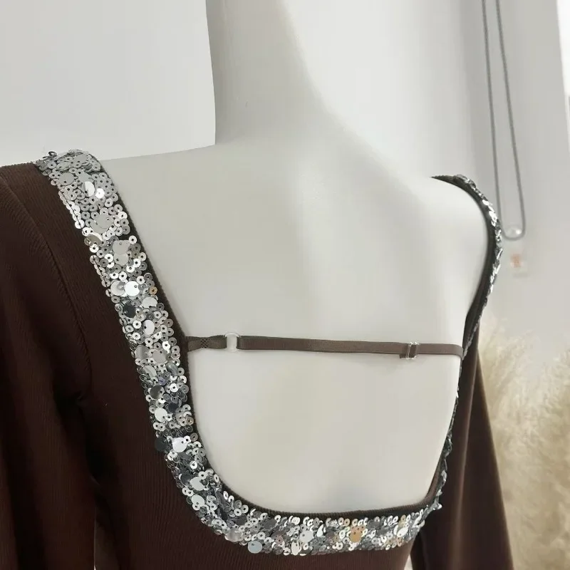 MiiiiX повседневная нижняя рубашка с блестками и открытой спиной U-образным вырезом