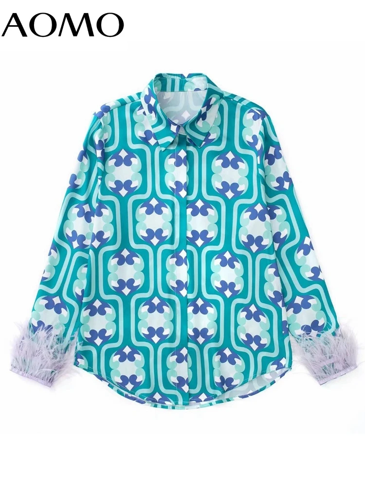 

Женская винтажная рубашка с принтом перьев, с длинным рукавом, на пуговицах