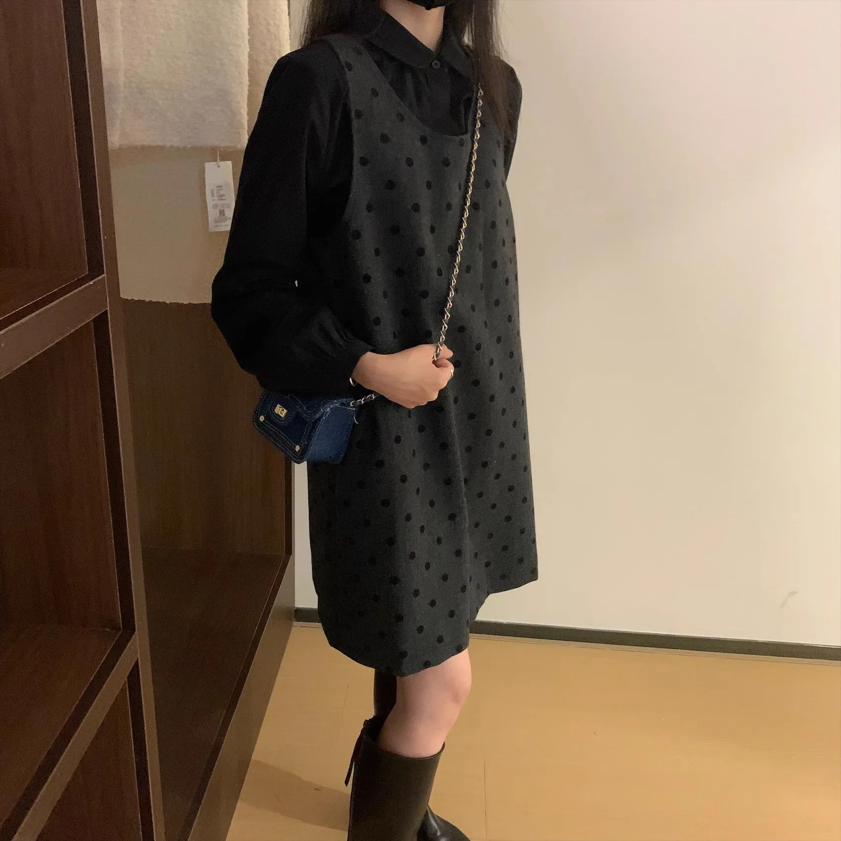 Корейские Sle 2024 осенние новые черные хлопковые рубашки с маленьким лепестком и