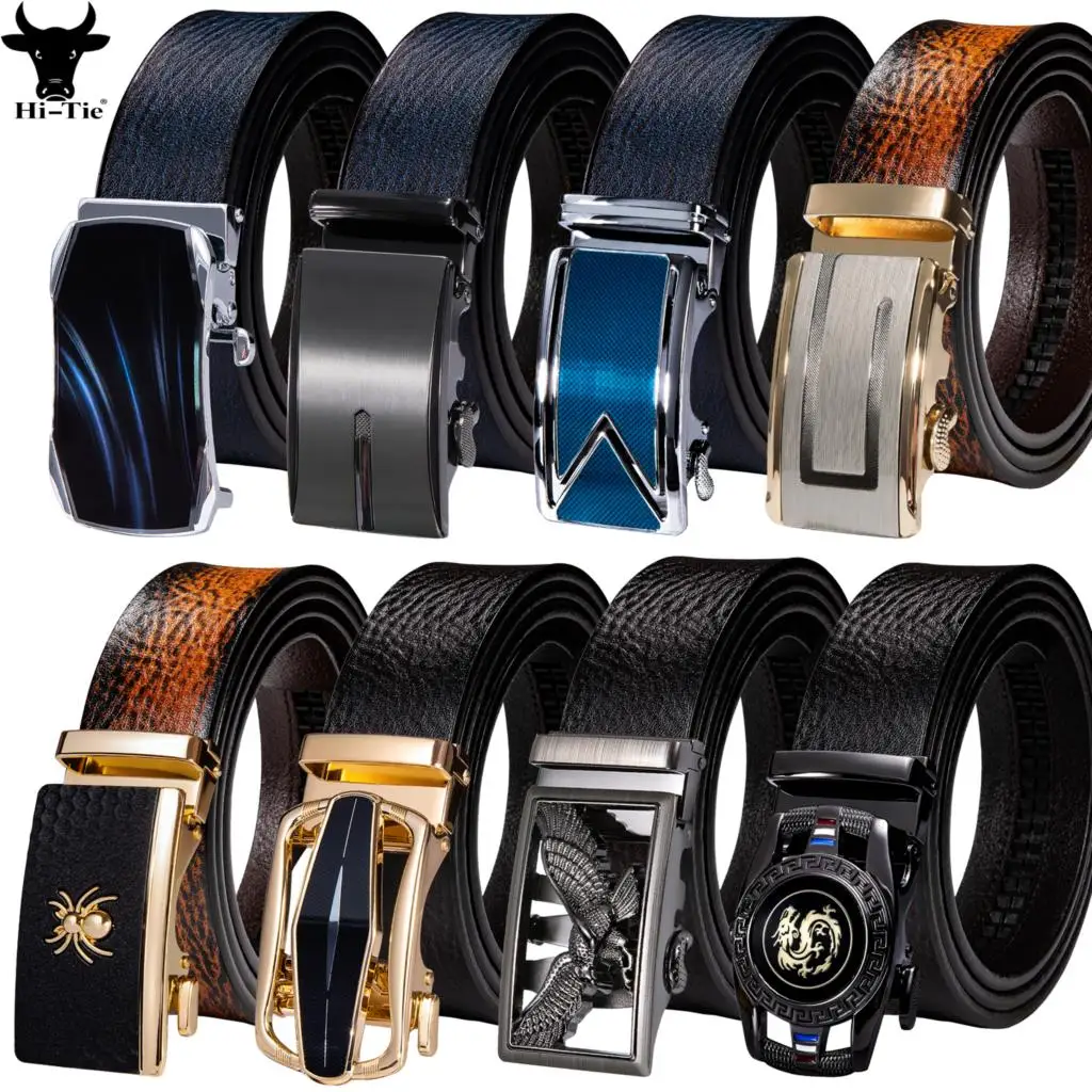 Hi-Tie Luxury Mens Belts Brown Coffee Blue Tan Genuine Leather Straps Metal Automatic Buckles Ratchet Waist Belt for Men Gift XL