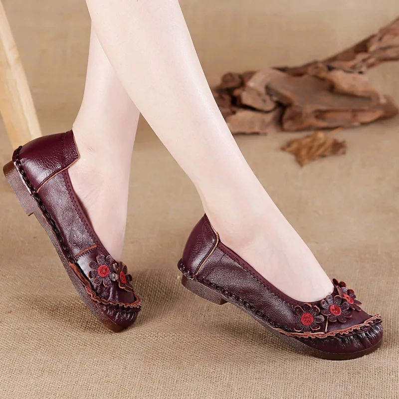 Xiuteng 2022 Summer Autumn Fashion Flower Design Round Toe Casual Women's Shoes National Wind Genuine Leather Women Flats Girl