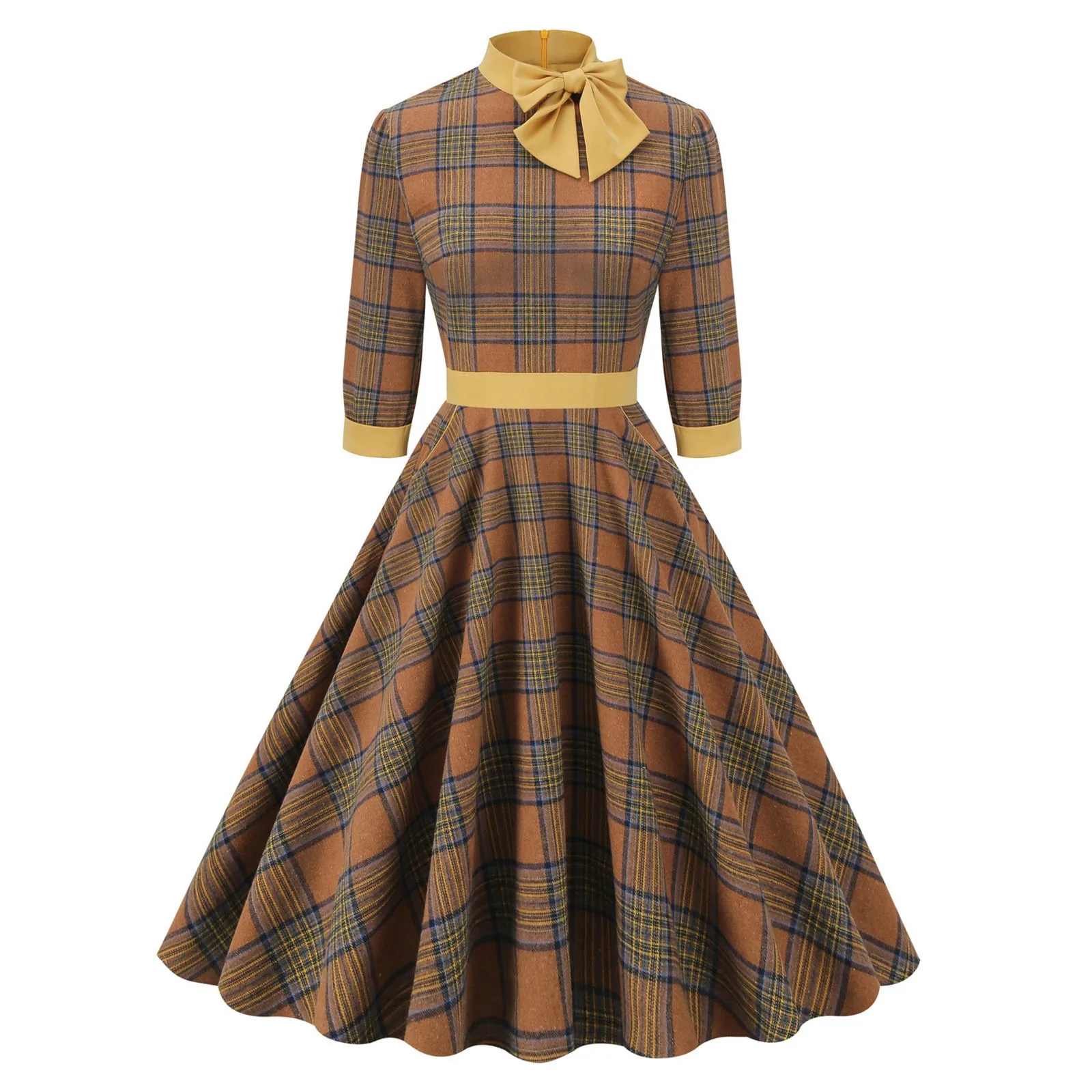 

Vintage Elegant Plaid Dress Women Robe Retro Bow Tie Collar Party Office Dresses Half Sleeve Rockabilly Party Dress Vestidos