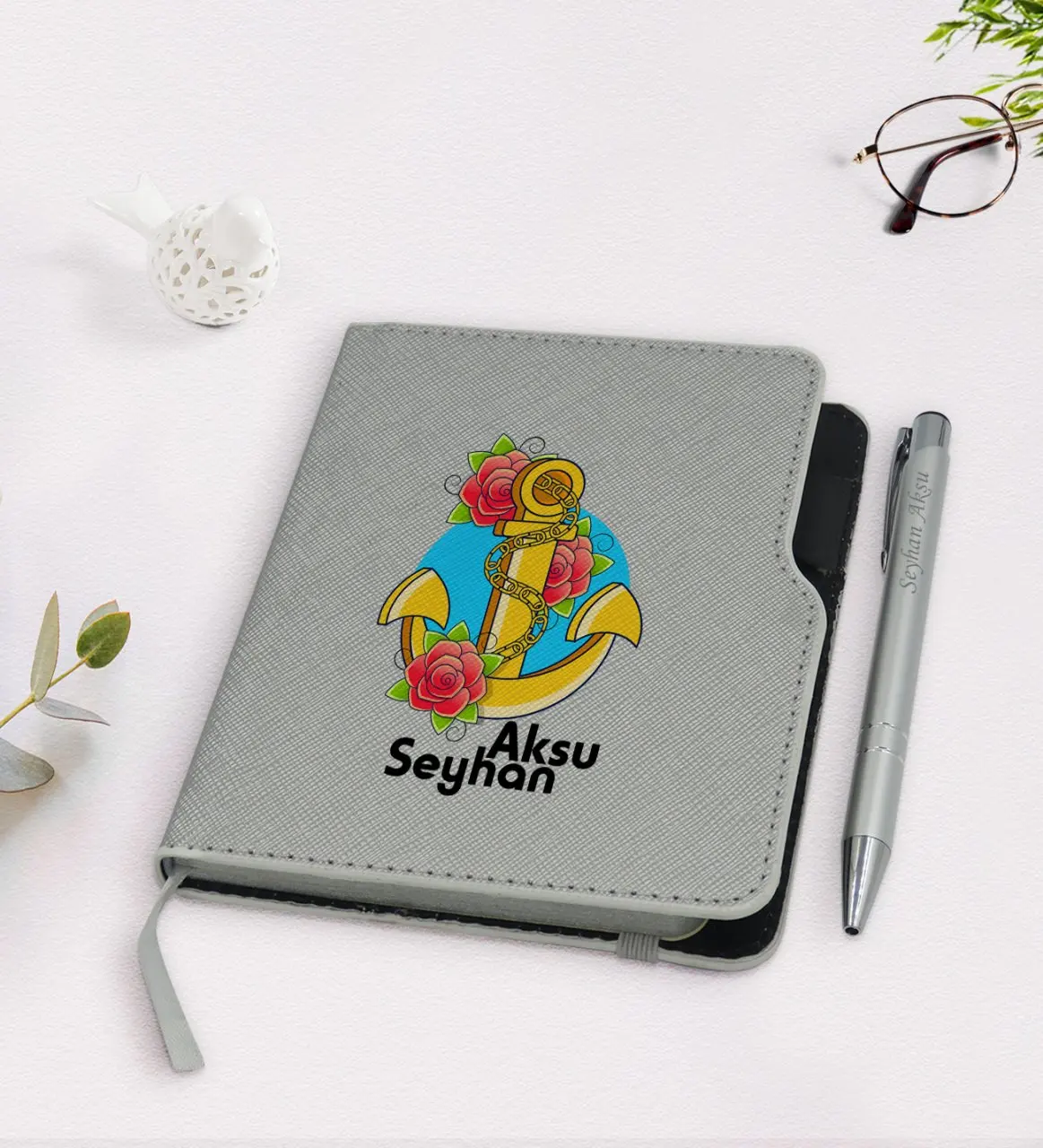 

Personalized Custom Anchor Design Gray Thermo Leather Notebook Pen Set-4