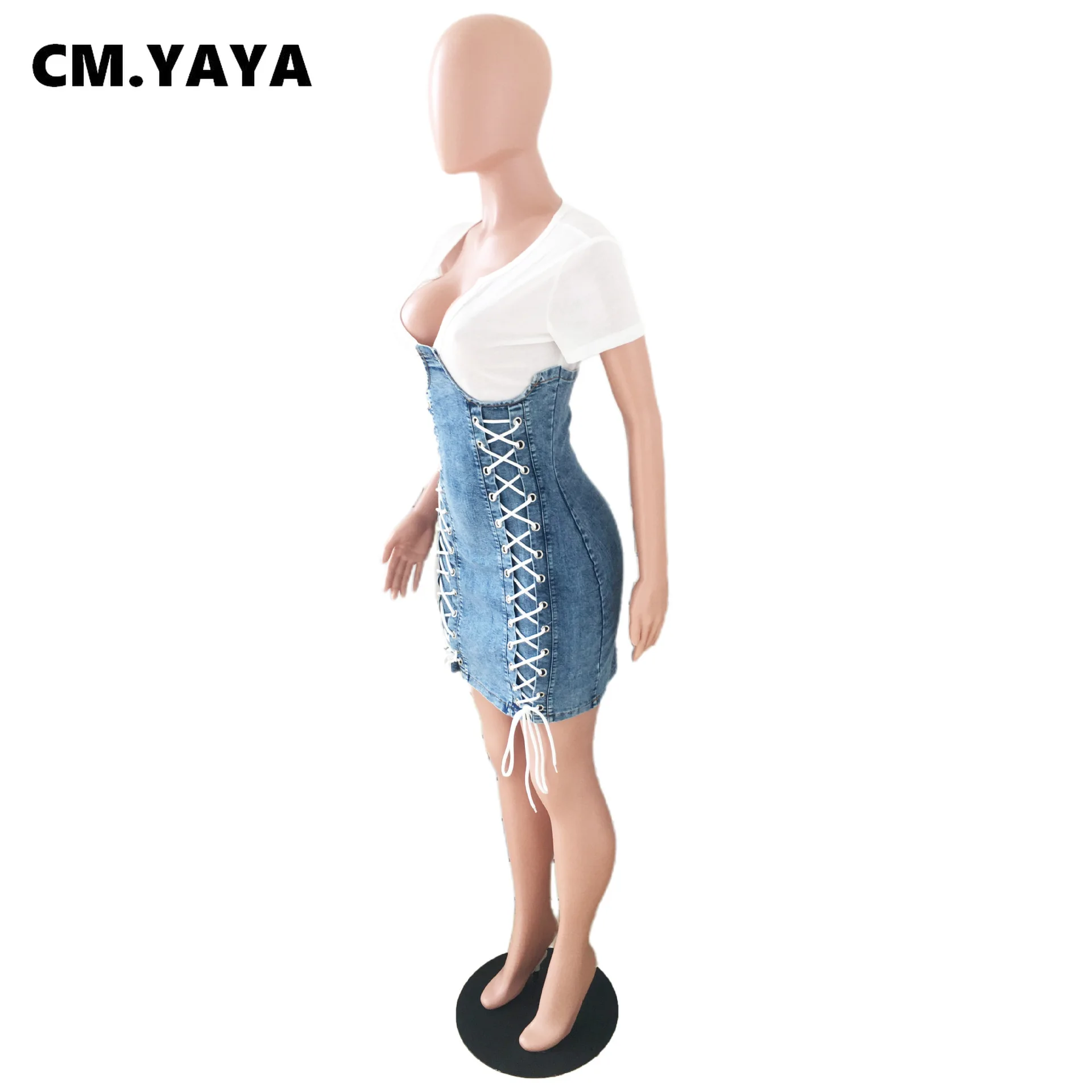 Женское джинсовое мини-платье CM.YAYA эластичное облегающее платье составного кроя