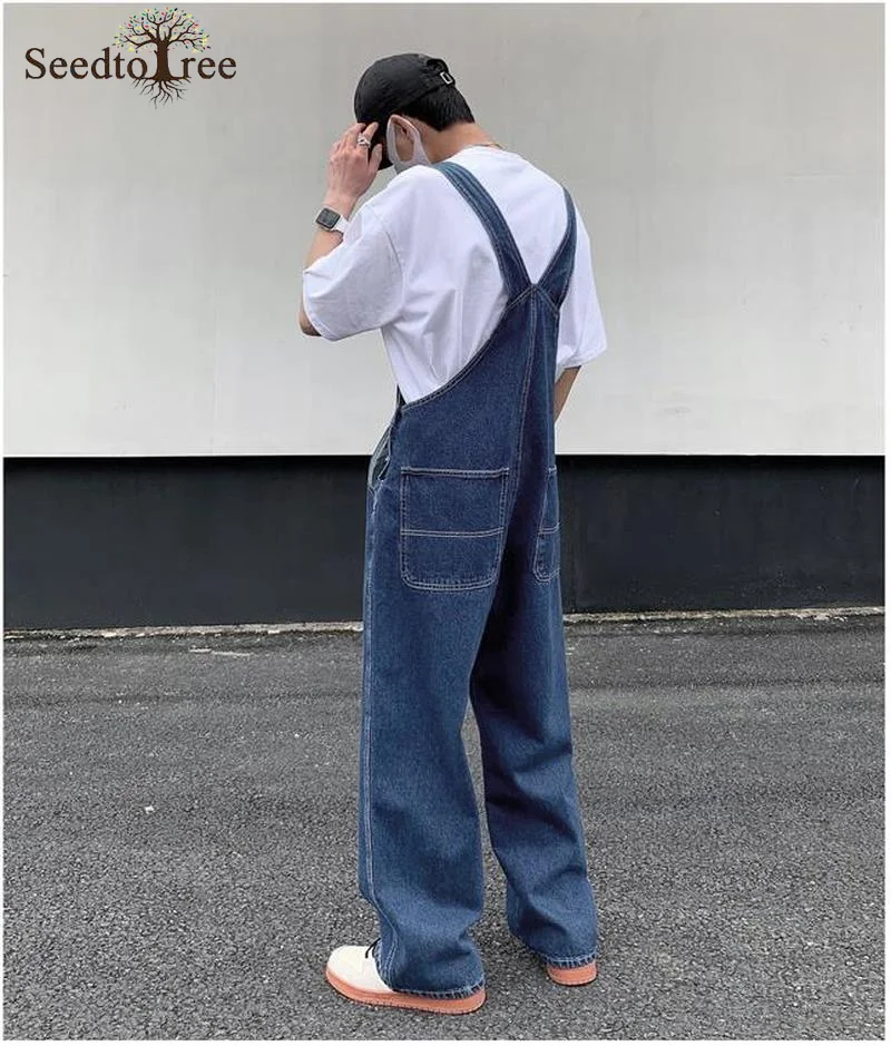 Men's Denim Overalls Ankle Length Jeans Overalls Loose Straight Suspenders Pants Cargo Pants Unisex