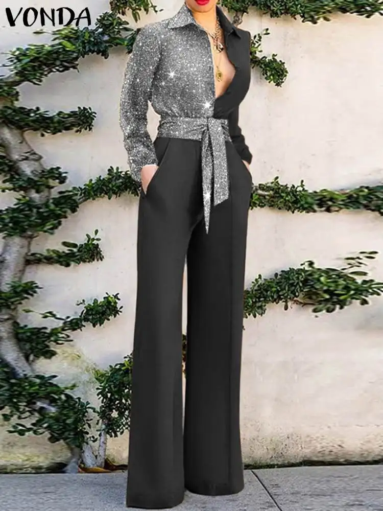 

VONDA 2022 Stylish Female Wide Leg Playsuits Party Rompers Long Sleeve Bodysuit Women Button Jumpsuits Lapel Overalls Oversized