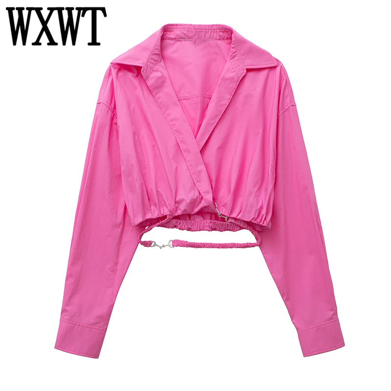 

WXWT Women Solid Cropped Shirt Long Sleeve Turn-down Collar Blouse Female Streetwear Tops Chemise Femme LY9771