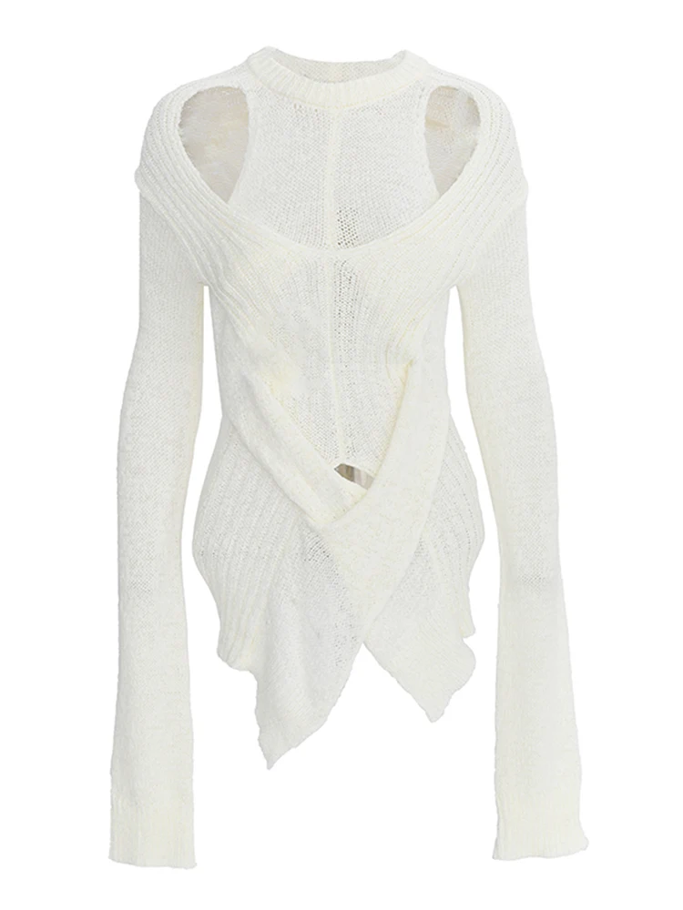 DEAT 2022 New Spring Solid Color Round Collar Hollow Out Pullover Sweater Women Vintage Slim Temperament Split Knit Tops PD714 | Женская