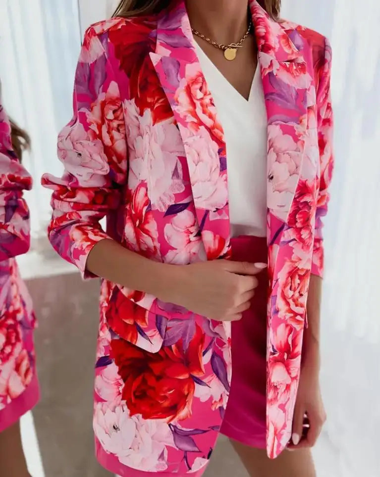 

Women Blazer Coat Autumn Winter Fashion Floral Print Long Sleeve Jacket Office Lady Wear Elegant Temperament Streetwear
