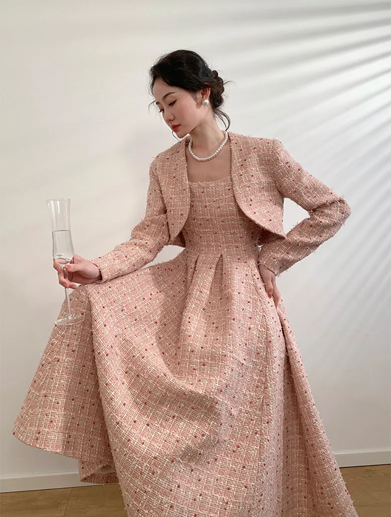 

New High Quality Women Autumn Winter Tweed 2 Piece Sets Short Jacket Coat+Long Vest Dress Elegant Fashion Party Dresses 2 Suits