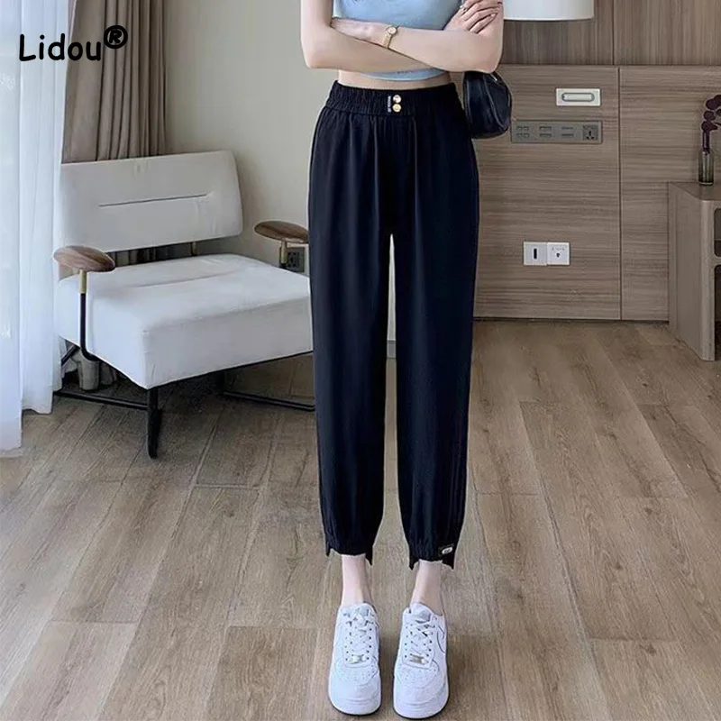 

Summer Women Button Elastic High Waist Quick Drying Ice Shreds Trousers Casual Drape Loose Nine Points Harem Pantalones De Mujer