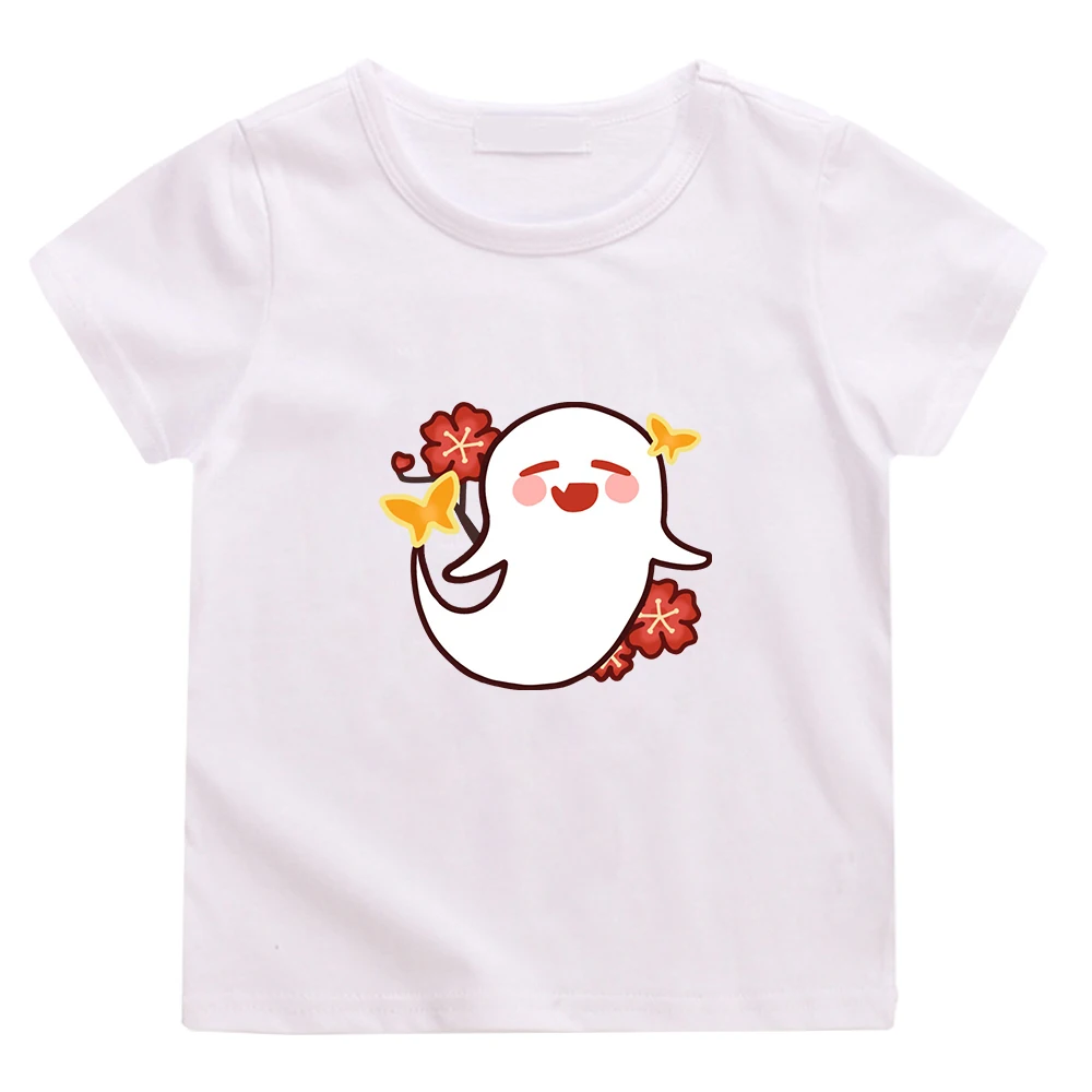 

Cartoon Hutao Ghost Print T Shirt Kawaii Toddler Girl Summer Clothes Boy's Genshin Impact T-Shirts Harajuku 100% Cotton Game Tee