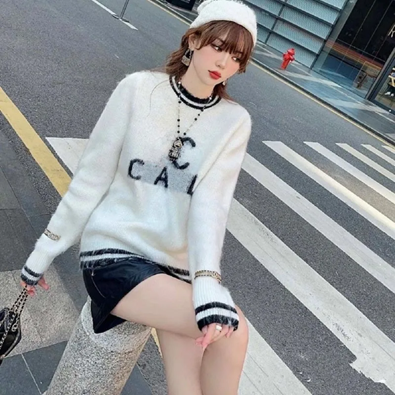 

New Designed Casual Fashion Women Knitted Sweater Long Sleeve Round Neck Letter Printing Patchwork Pullover Leisure Lady Sweater