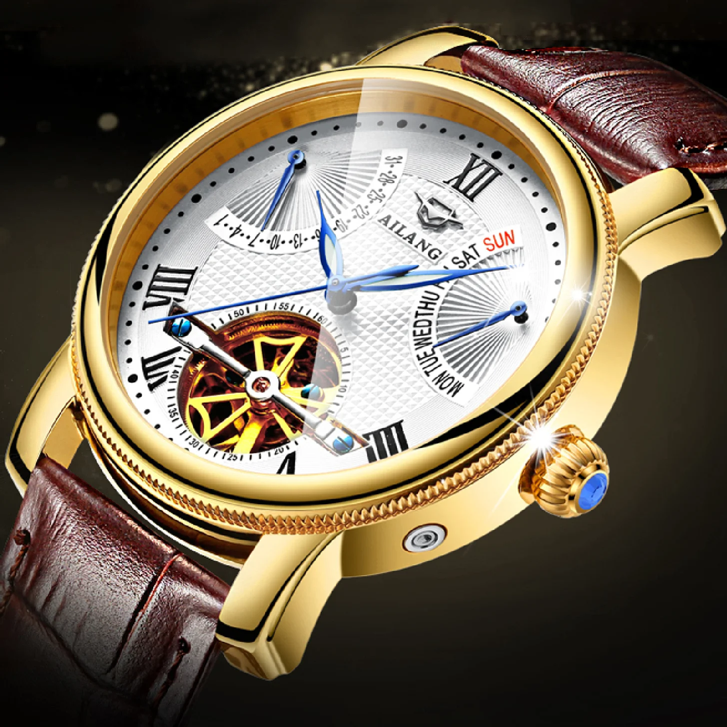 

AILANG Fashion Business Men Watch Luxury Gold Case Leather Automatic Mechanical Wristwatches Luminous Calendar Waterproof 5802
