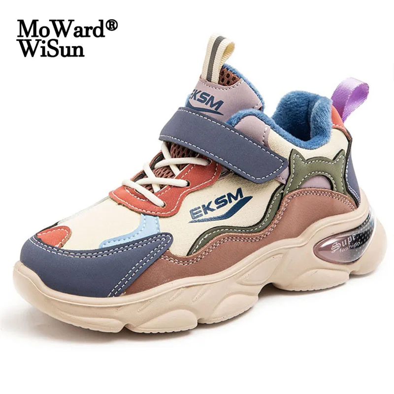 

Детские Нескользящие кроссовки для девочек, спортивная обувь на липучках, с хлопковым наполнителем, для мальчиков и девочек, Размер 27-37