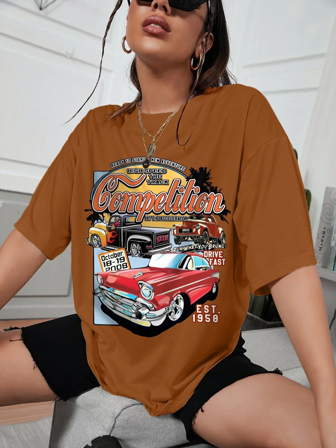 

tops Car & Slogan Graphic Drop Shoulder Tee
